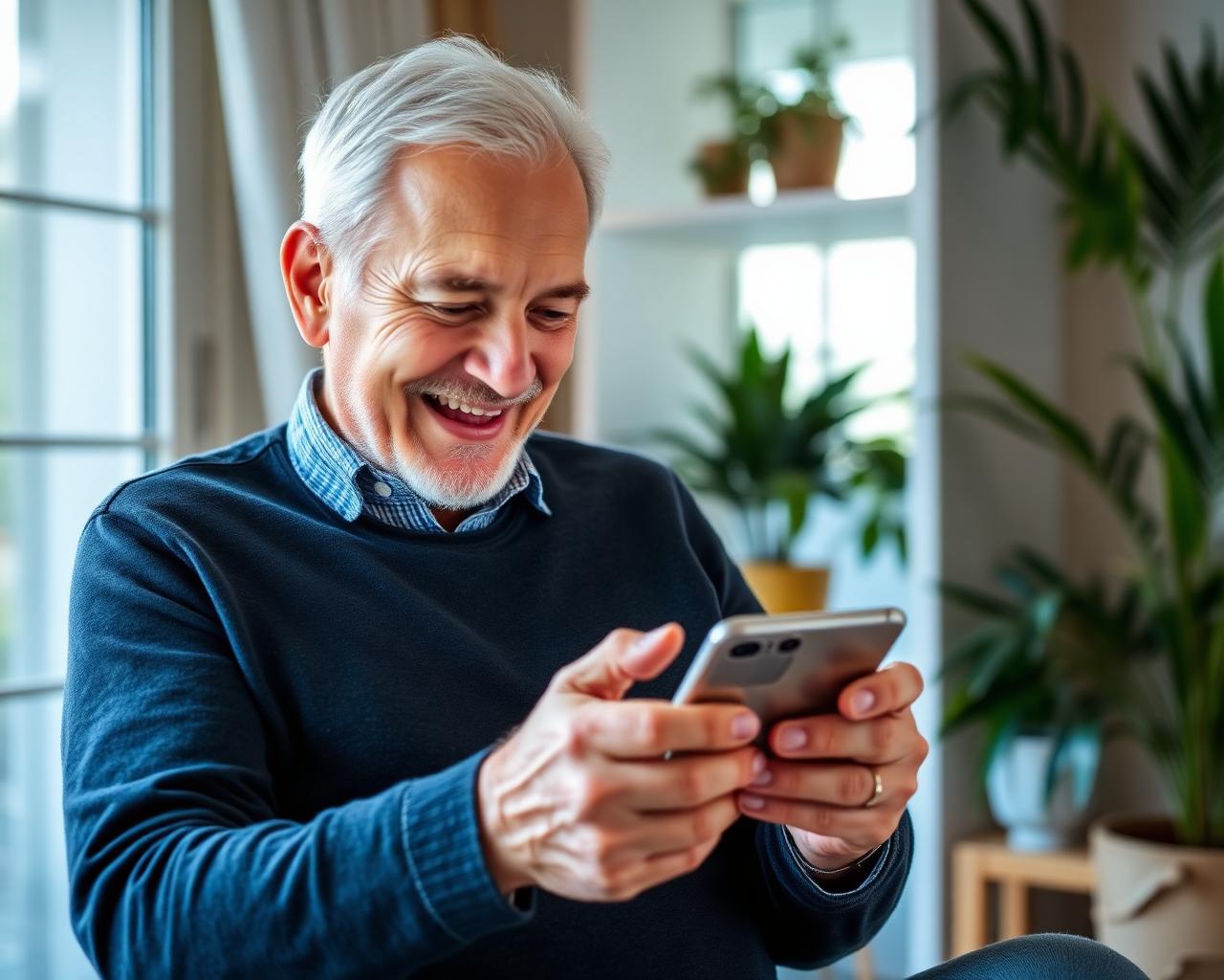 Idoso a sorrir a usar smartphone
